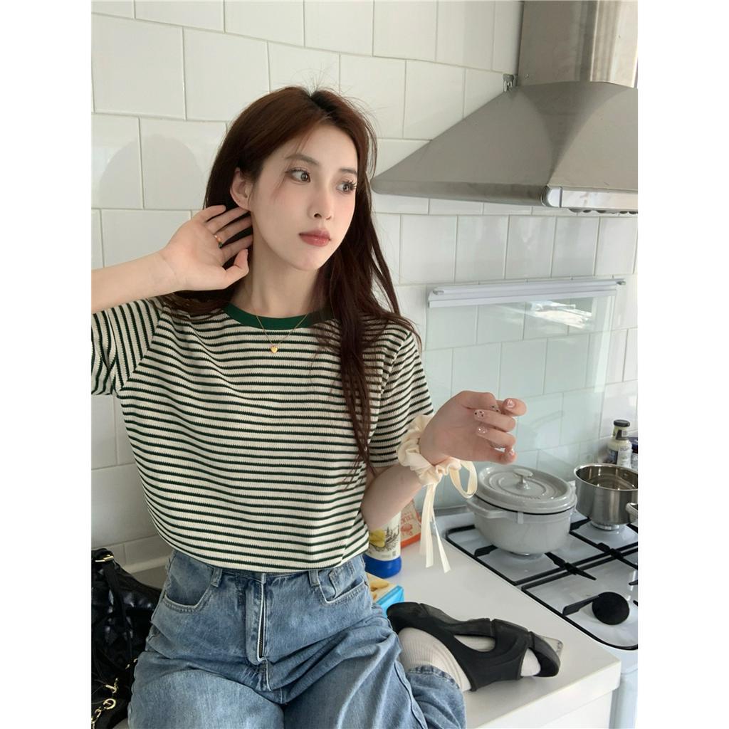 Xiaozhainv Áo Thun Ngắn Tay Form Rộng Họa Tiết Kẻ Sọc Phong Cách Hàn Quốc Dành Cho Nữ