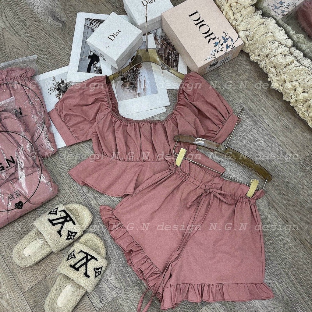 Sét bộ trễ vai bèo chun mặc 2 kiểu