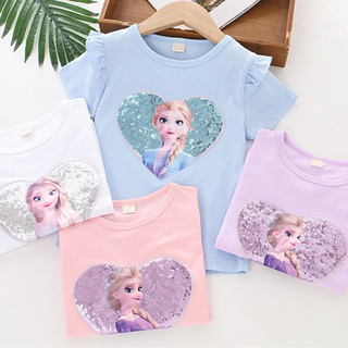Áo thun cotton tay ngắn in hình công chúa Frozen Disney nhiều kiểu tùy chọn thời trang 2022 cho bé gái từ 1-8 tuổi