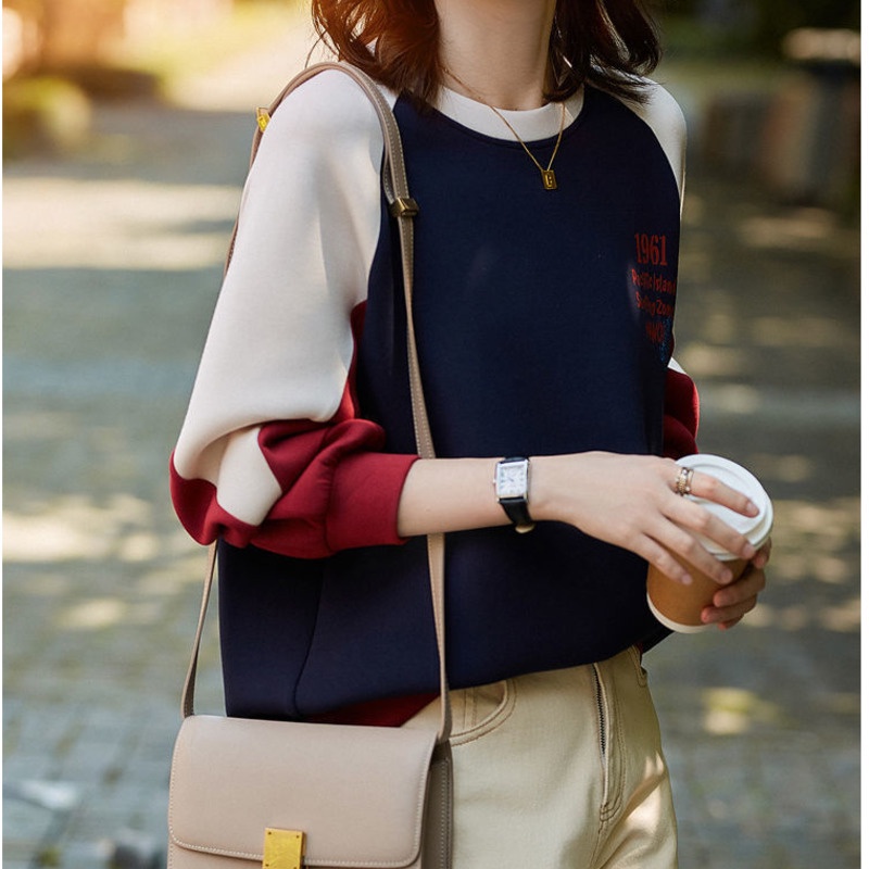 Áo Sweater Tay Dài Dáng Rộng Phối Màu Tương Phản Thời Trang