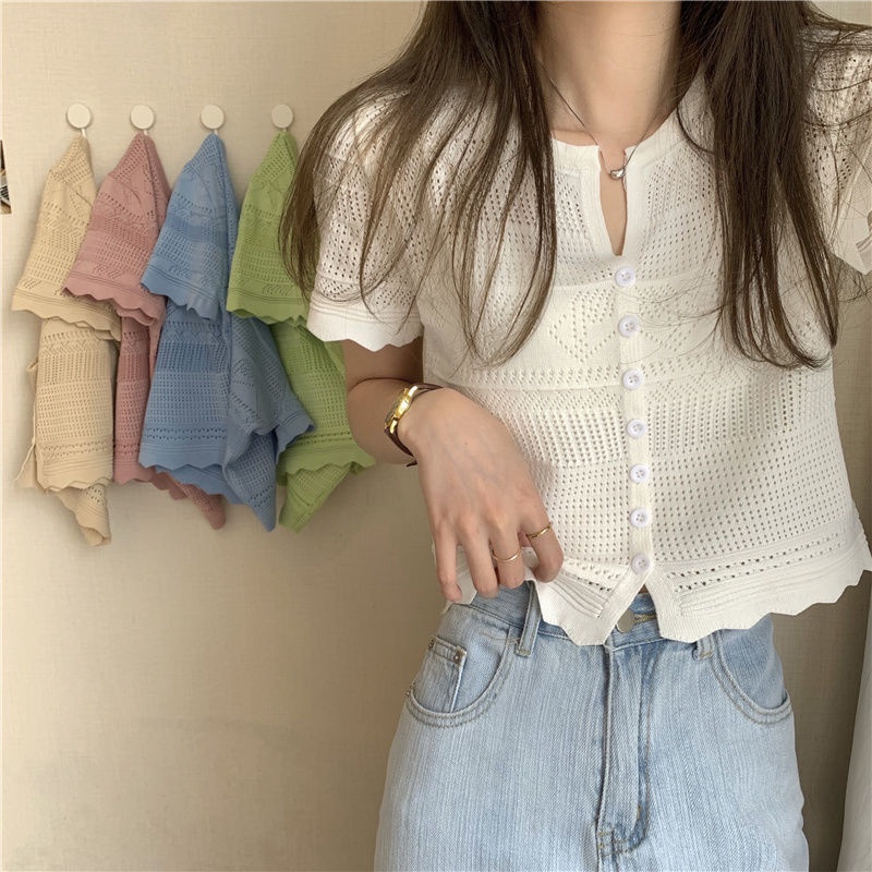 Áo Cardigan Dệt Kim Mỏng Tay Ngắn Màu Trắng Đơn Giản Trẻ Trung