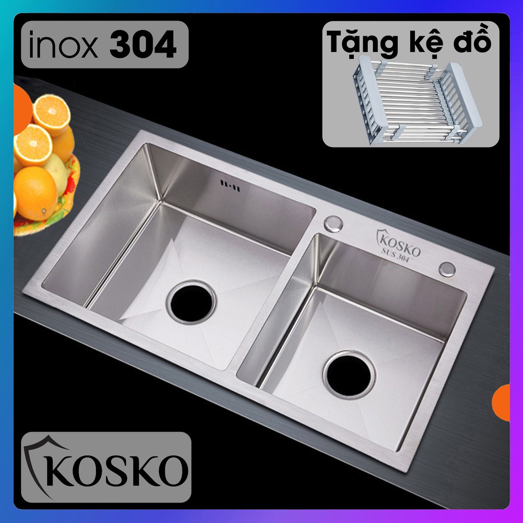 ✐﹉▣Chậu rửa bát inox 304 KOSKO Đúc 2 hố lệch (Tặng Kệ Để Đồ Đa Năng + Bộ ống xả) Bảo hành 12 đến 24 tháng