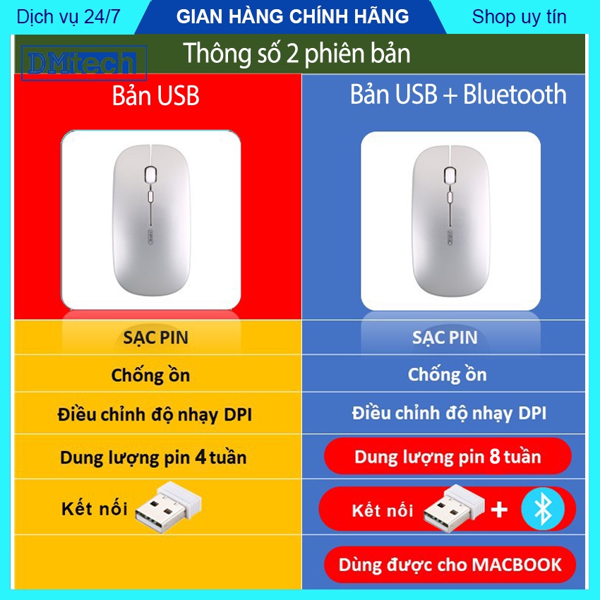 Chuột không dây BLUETOOTH 5.1 2.4G pin tự sạc Dmtech V1 chơi game mobile chất lượng cao, màu sắc cá tính - DMtech