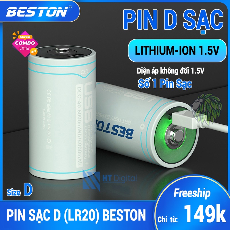 Pin đại Beston chuẩn 1.5V 6000mWh sạc lại - cổng sạc USB Type C - Pin D dùng cho đèn pin, bếp ga, thiết bị công nghiệp