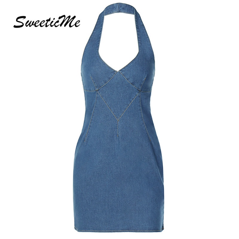 Đầm Dây Denim Cổ Yếm Có Khóa Kéo Kiểu Mới SweeticMe   Dành Cho Bạn Nữ