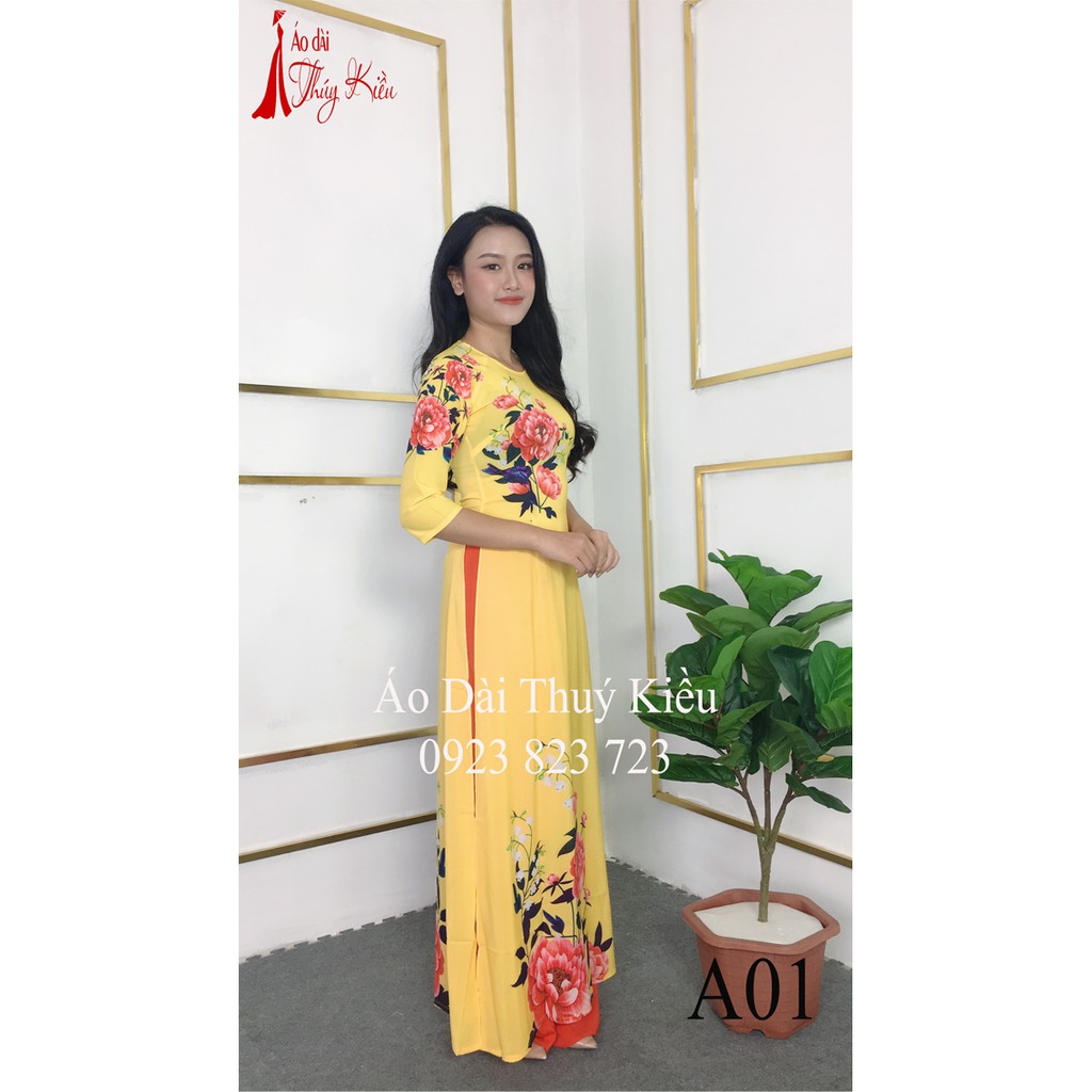 Áo dài Thúy Kiều in 3D lụa Nhật màu vàng hoa mẫu đơn A01