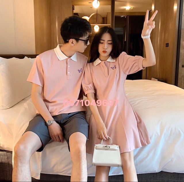 {Có ảnh thật}Váy thun đôi: Váy thun polo thêu bướm + Áo polo nam phối hợp | BigBuy360 - bigbuy360.vn