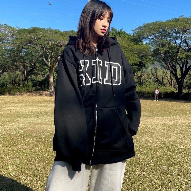 Áo Hoodie Zip Kéo Khoá Chữ KID CAO CẤP Chất Nỉ Ngoại Dày Dặn Form Rộng Tay Phồng-Unisex