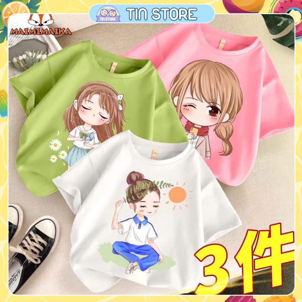 Áo Cộc Tay Hàn Quốc Nhiều Mầu Cho Bé Gái Hình ChiBi Cho Bé Gái Từ 12 Đến 32kg Thời Trang Cho Bé Tin Store