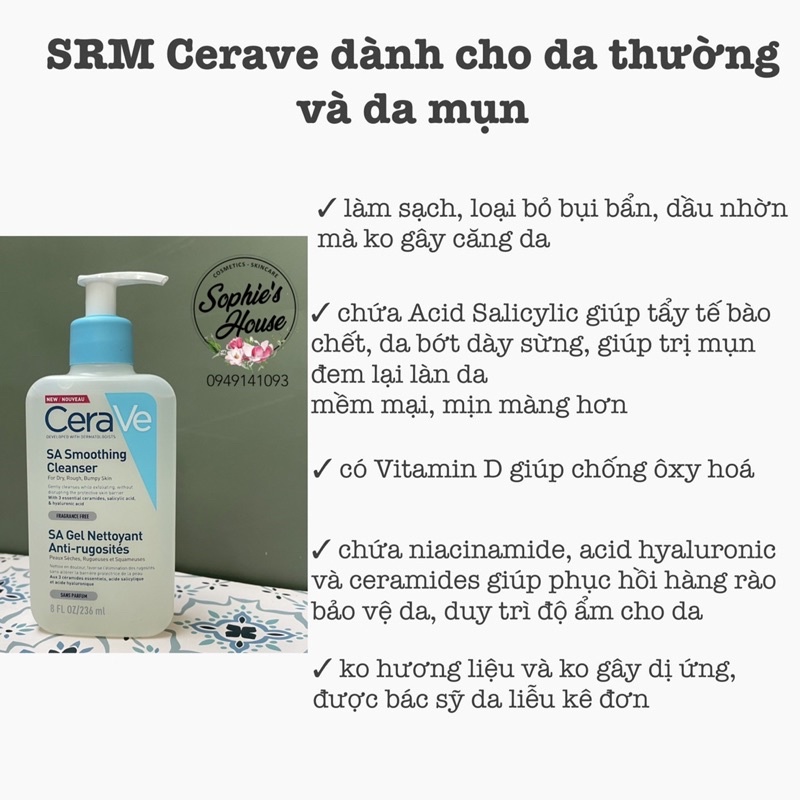 236ml / Bản Pháp - Sữa rửa mặt CERAVE Foaming Cleanser / Hydrating Cleanser / SA Smoothing Cleanser