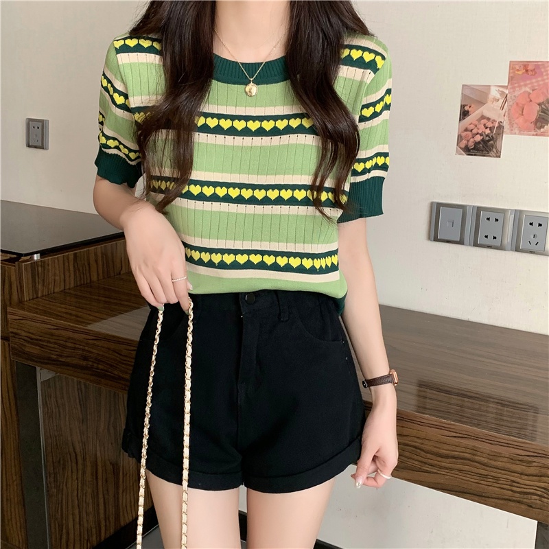 Áo thun dệt kim mỏng tay ngắn dáng rộng thời trang trẻ trung năng động