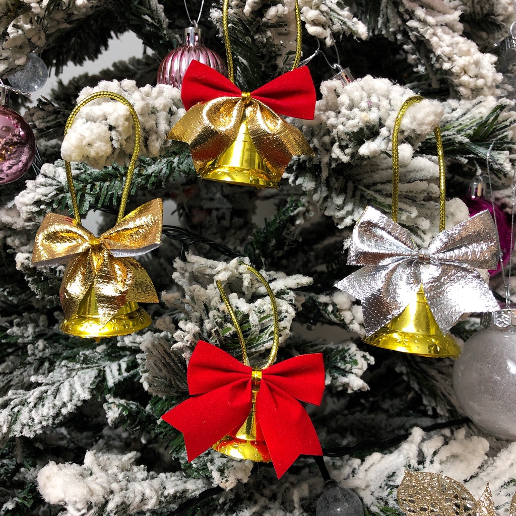 Chuông vàng kim cột nơ kim tuyến đỏ bạc vàng trang trí Noel cây thông Giáng Sinh