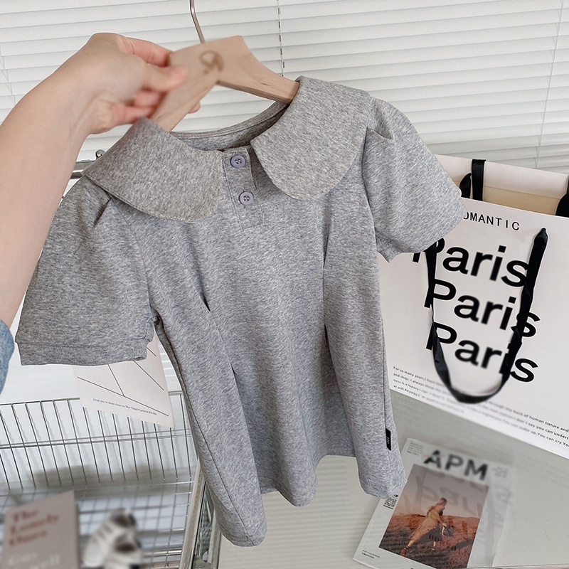 Đầm Cotton Ngắn Tay Cổ Búp Bê Phong Cách Hàn Quốc Cho Bé Gái