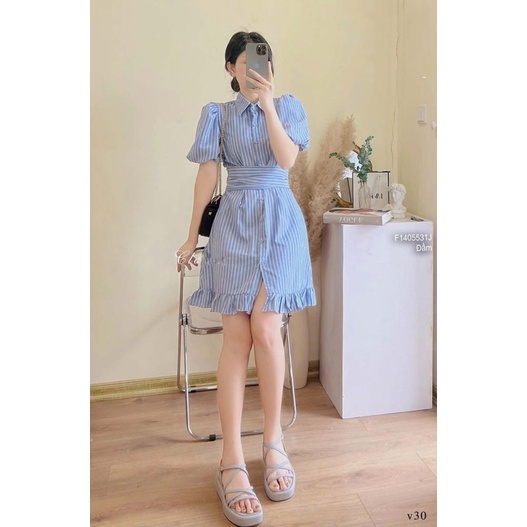 Đầm sơ mi sọc xanh phối bèo