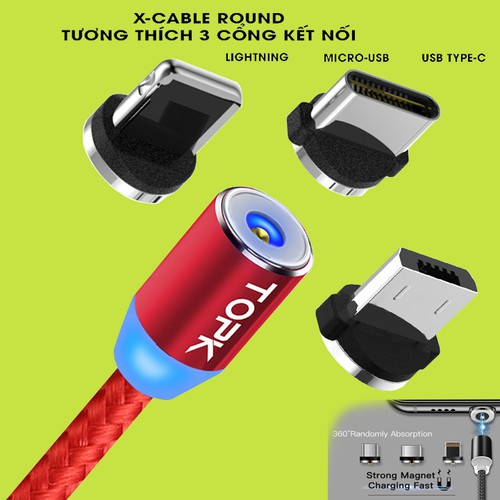 [SẴN HÀNG][Full Set 3 đầu sạc] Cáp Bọc Dù Sạc Từ Nam Châm 360 ĐỘ 3 Đầu Android và iPhone Dây Dù Siêu Bền