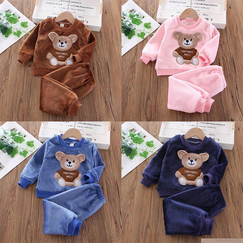 Bộ đồ ngủ gồm áo nỉ tay dài + quần dài họa tiết hoạt hình đáng yêu thời trang mùa đông cho bé 1-7 tuổi