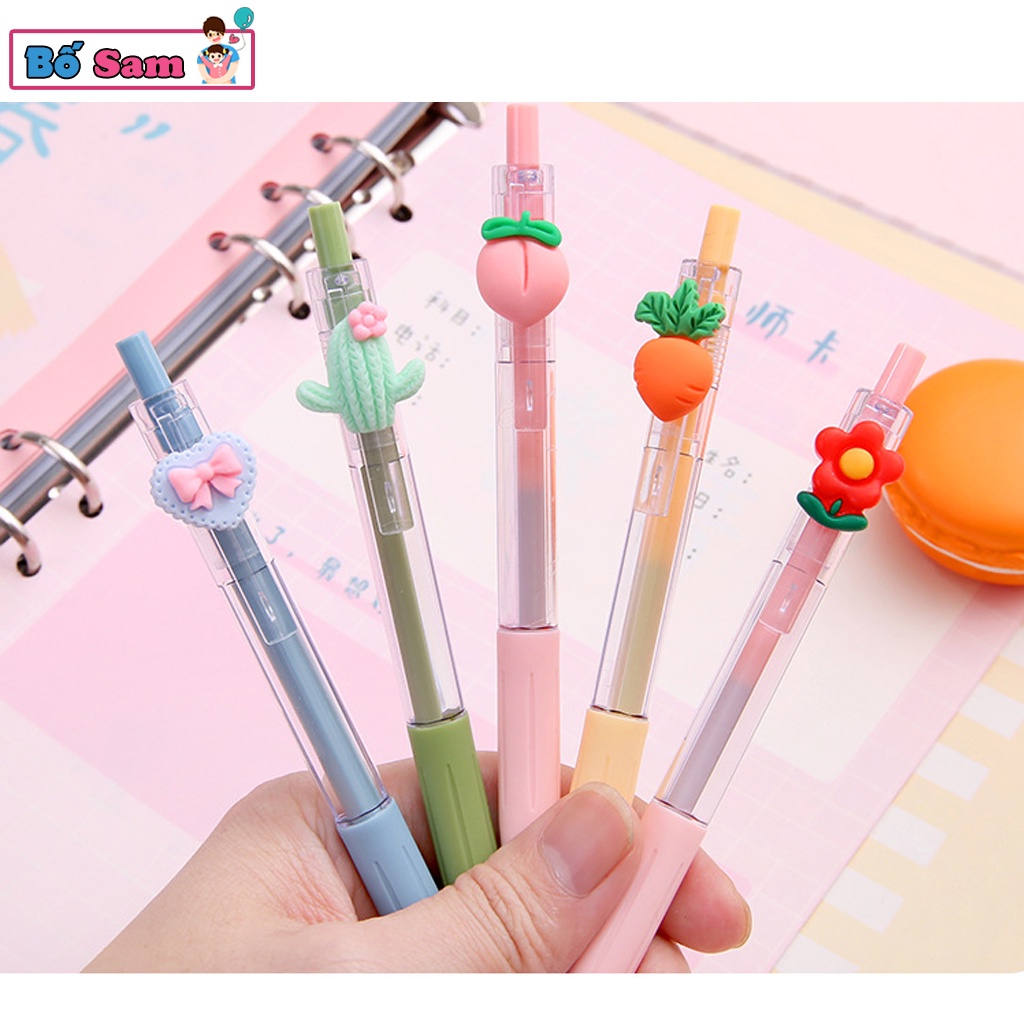 Bút bi nước cute mực đen ngòi 0.5mm, vỏ bút trong suốt gắn hoa quả dễ thương Shop Bố Sam