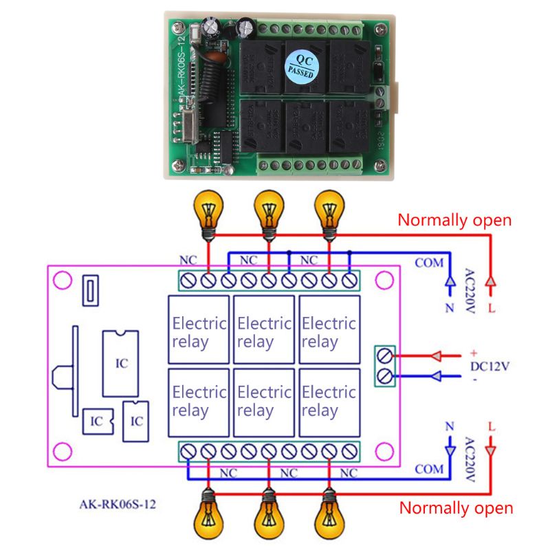 Bảng mạch 6 kênh không dây IOR DC12V 433MHz