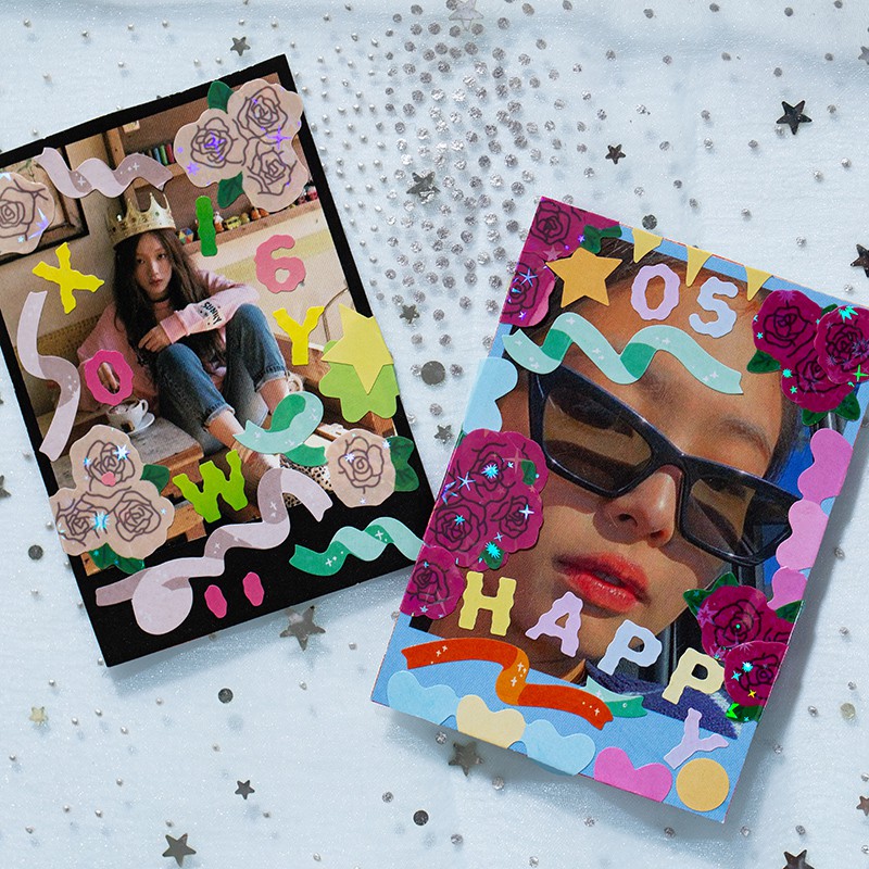 Set 2 tấm hình dán hoa hồng lấp lánh trang trí sổ lưu niệm