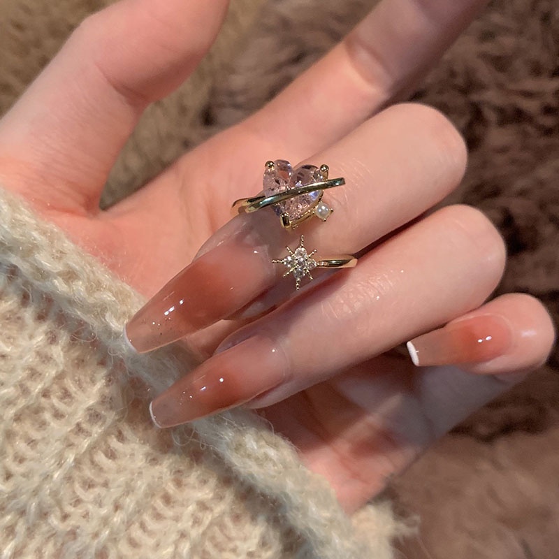 Nhẫn Hở Hình Trái Tim Đính Ngọc Trai Màu Hồng Phong Cách Hàn Quốc