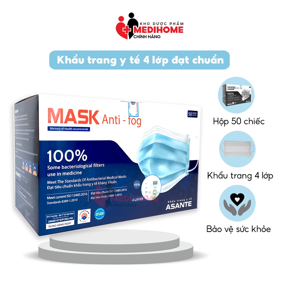 Khẩu trang ASANTE 4 lớp kháng khuẩn - khẩu trang y tế lọc bụi mịn, giảm vấn đề hô hấp ô nhiễm môi trường - Hộp 50 chiếc