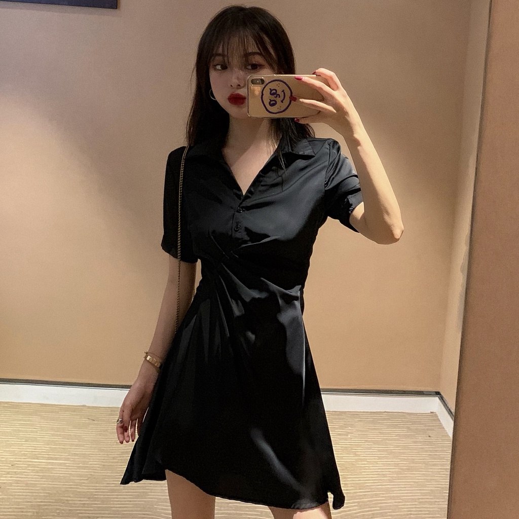 Đầm Chữ A Cổ Polo Màu Đen Phong Cách Hàn Quốc Thời Trang Cho Nữ