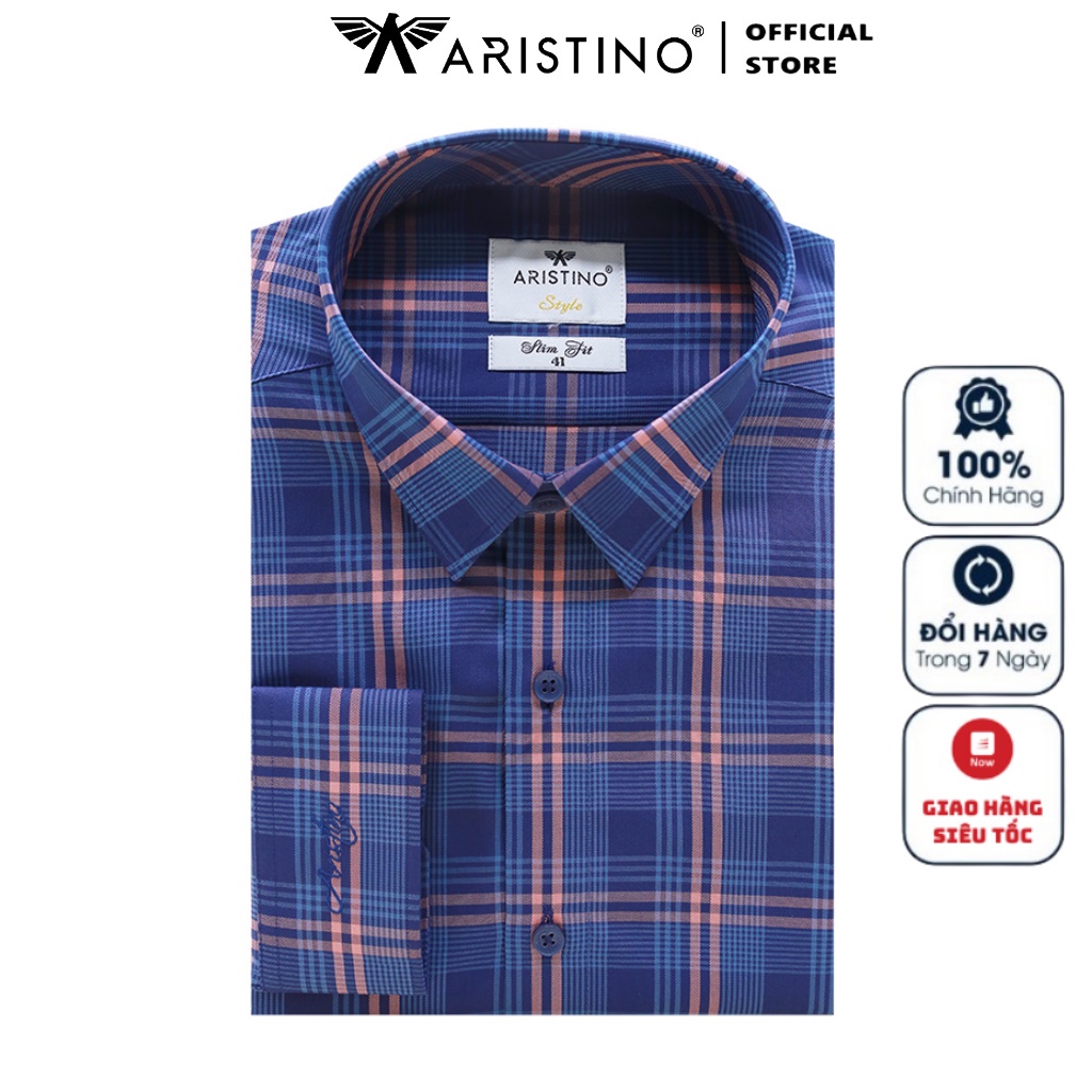 Áo Sơ Mi Nam Dài Tay ARISTINO ALS19402 Somi Công Sở Cao Cấp màu xanh than kẻ cam vải sợi sồi dáng ôm tà lượn không túi
