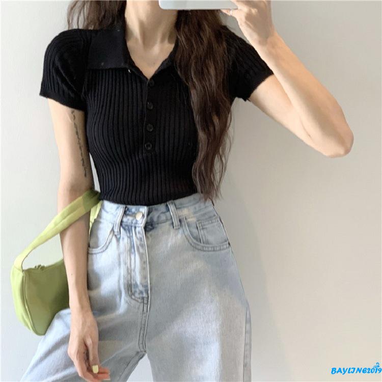 Áo croptop dệt kim tay ngắn dáng ôm màu sắc đơn giản cho nữ