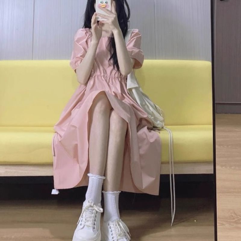 Đầm tay phồng dài qua gối nhấn eo phong cách Retro nữ tính ngọt ngào