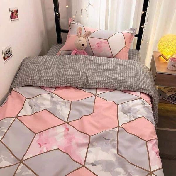 Full Set Bộ Ga giường Cotton Chần Bông Hồng Phối Kẻ ((m2x2m - m8X2M))