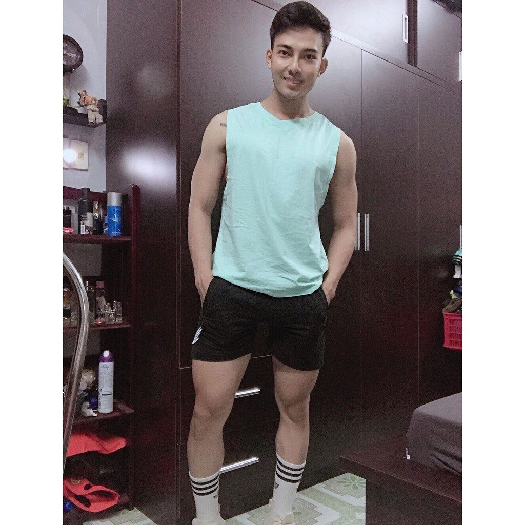 Áo Tanktop áo gym nam xanh nhạt phong cách Fitshop 100% cotton Made in Việt Nam cao cấp đẹp từng đường kim mũi chỉ