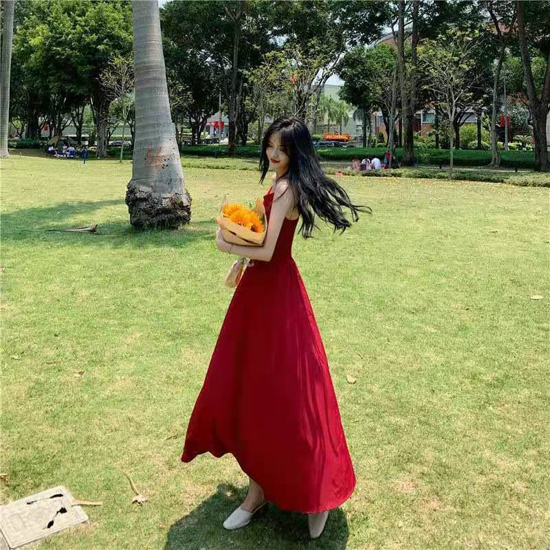 Jiashucheng Bộ Áo Liền Quần Hai Dây Dáng Ôm Màu Đỏ Thời Trang Khí Chất Hẹp @