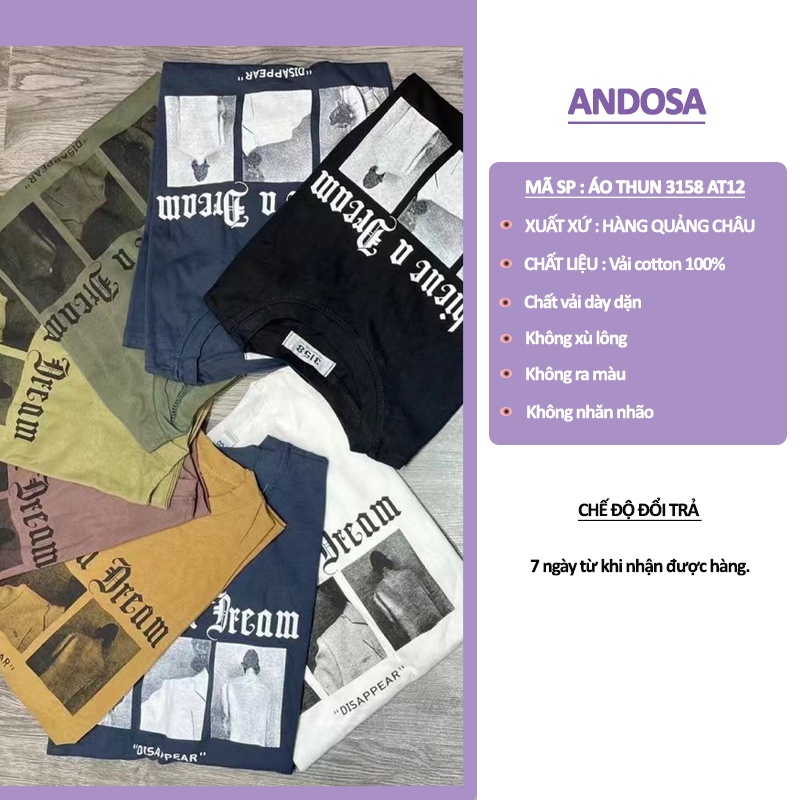 Áo phông Unisex 3158 form rộng tay lỡ in chữ thun nam nữ chất cotton hàng Quảng Châu ANDOSA AT12