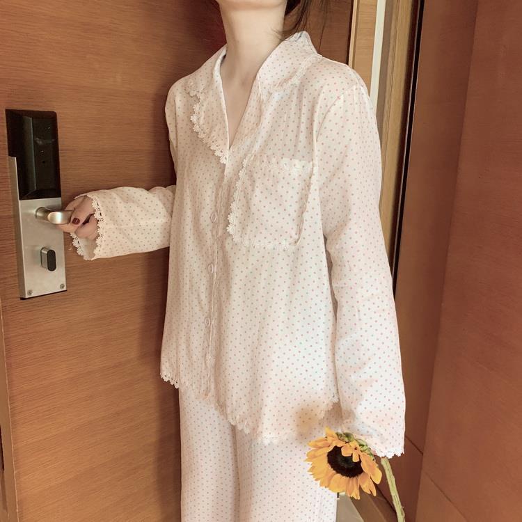 Bộ Đồ Ngủ Dài Tay Họa Tiết Chấm Bi Phong Cách Hàn Quốc Dành Cho Nữ