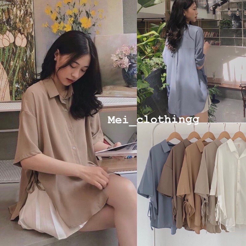 Áo sơ mi nữ phom rộng rút dây sườn hottrend phong cách vintage hàn quốc trẻ trung năng động chất đũi mát