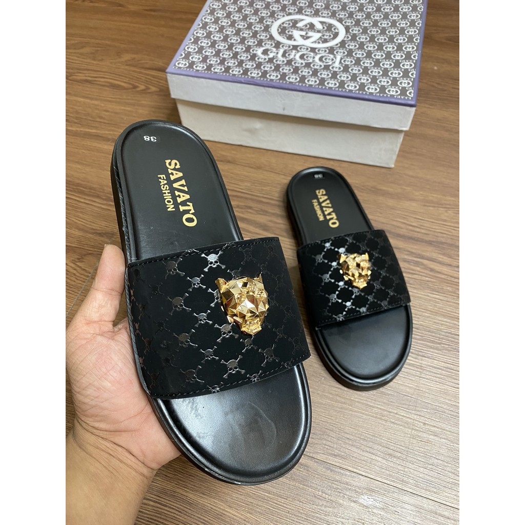 Dép lê Savato nam - Dép Savato quai ngang vân logo sói - Dép GC