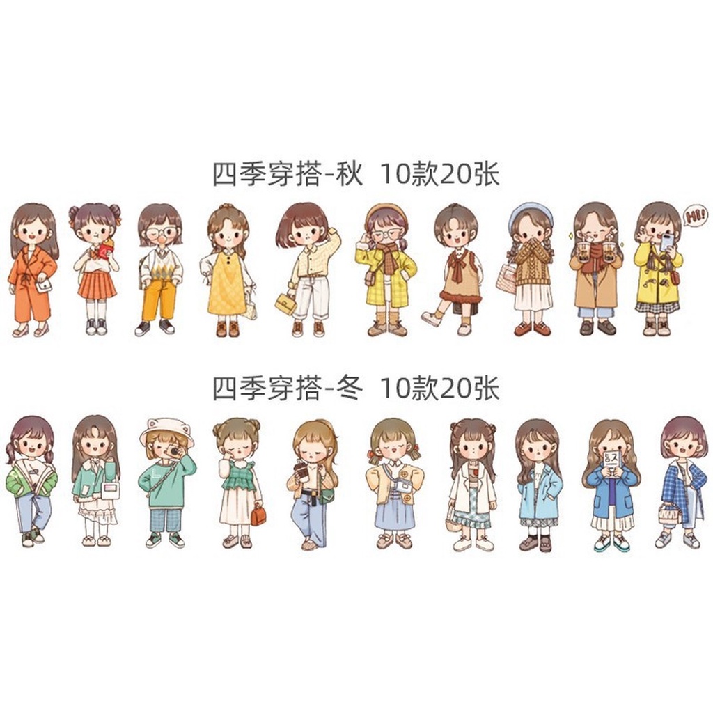 Set 20 hình dán trang trí sổ tay tự làm họa tiết hoạt hình cô gái bốn mùa