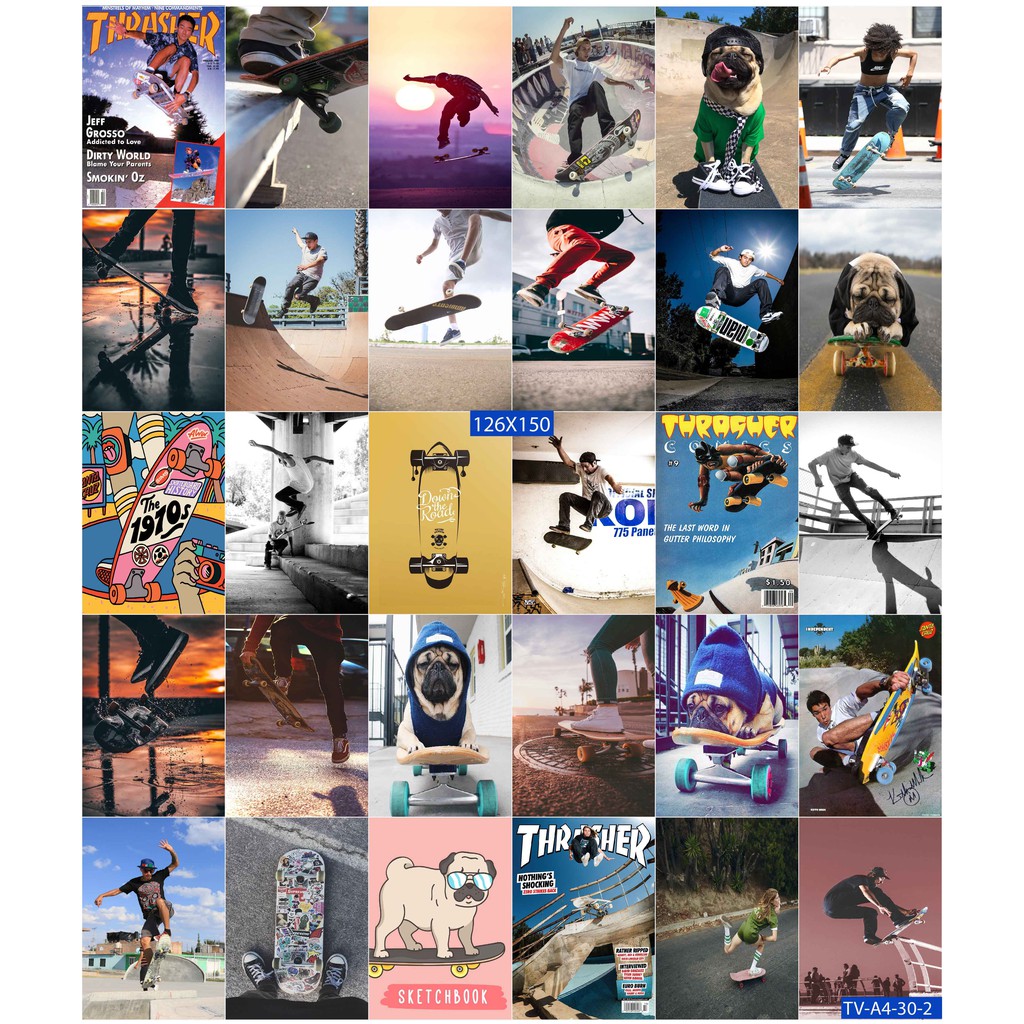 Combo 50 tờ Decal dán tường trang trí khổ A4,A5 - Trượt ván