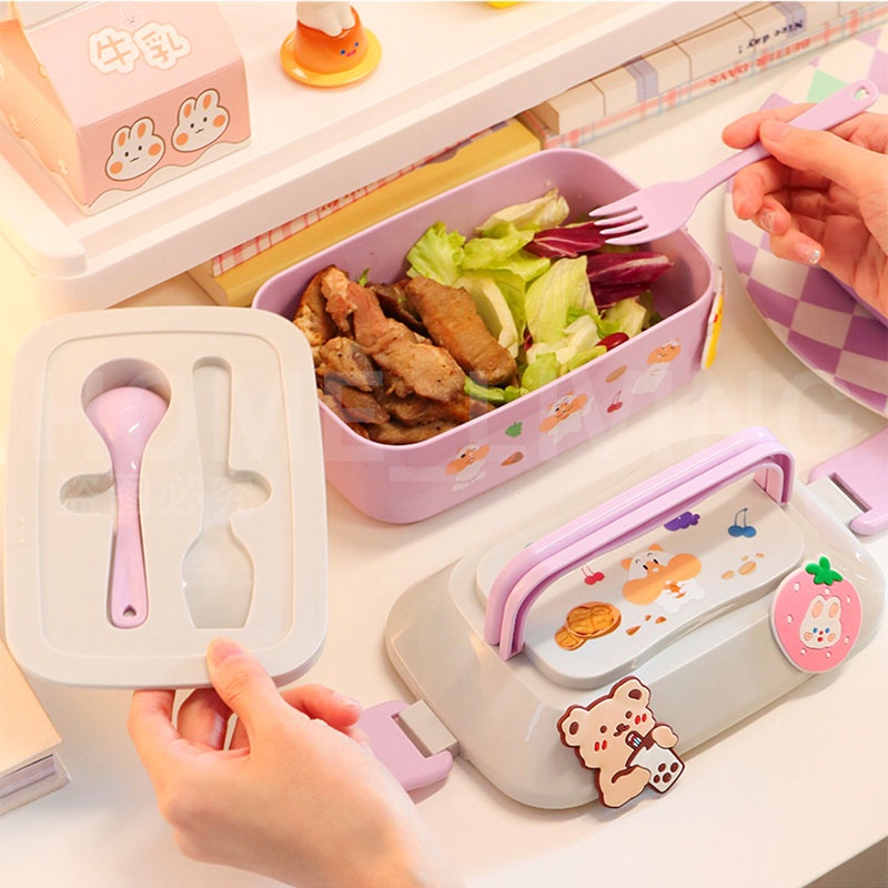 Hộp cơm hai lớp hộp cơm bento trẻ em dễ thương hộp đựng thức ăn trái cây dã ngoại di động với muỗng nĩa hộp cơm có lò vi sóng