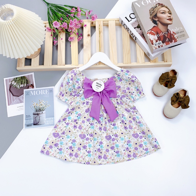 Váy cho bé gái dáng xòe công chúa chất thô hoa lụa xịn sò, đầm bé gái đính nơ trước cực dê thương _ V1