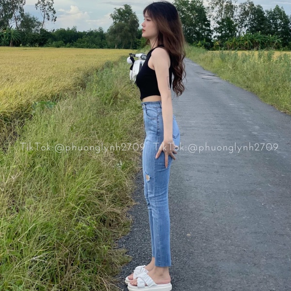 Quần jean cạp cao rách basic , quần skinny jean dài nữ lưng cao PLQ74