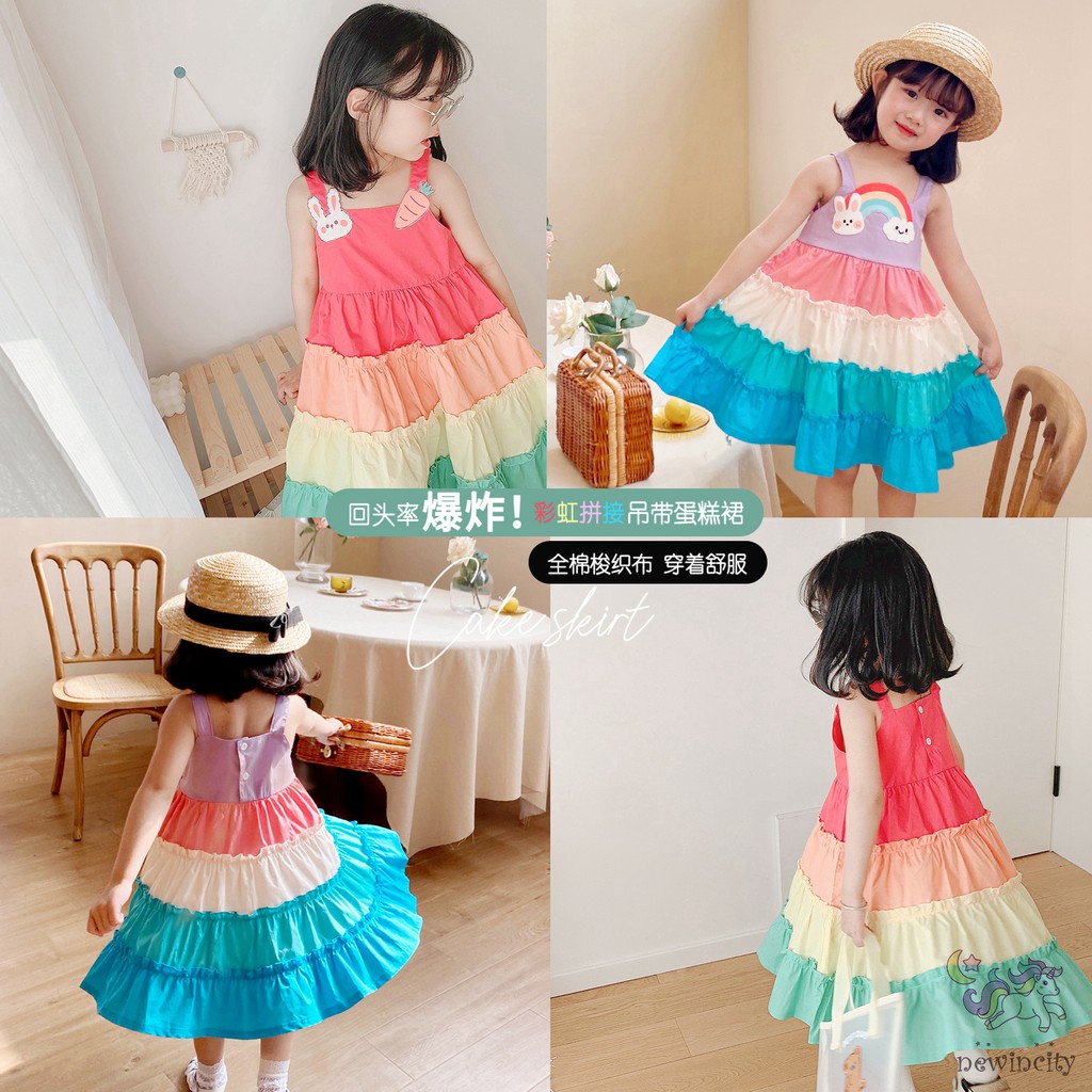 Đầm không tay thiết kế phối màu cầu vồng hoạt hình thời trang Hàn Quốc cho bé gái