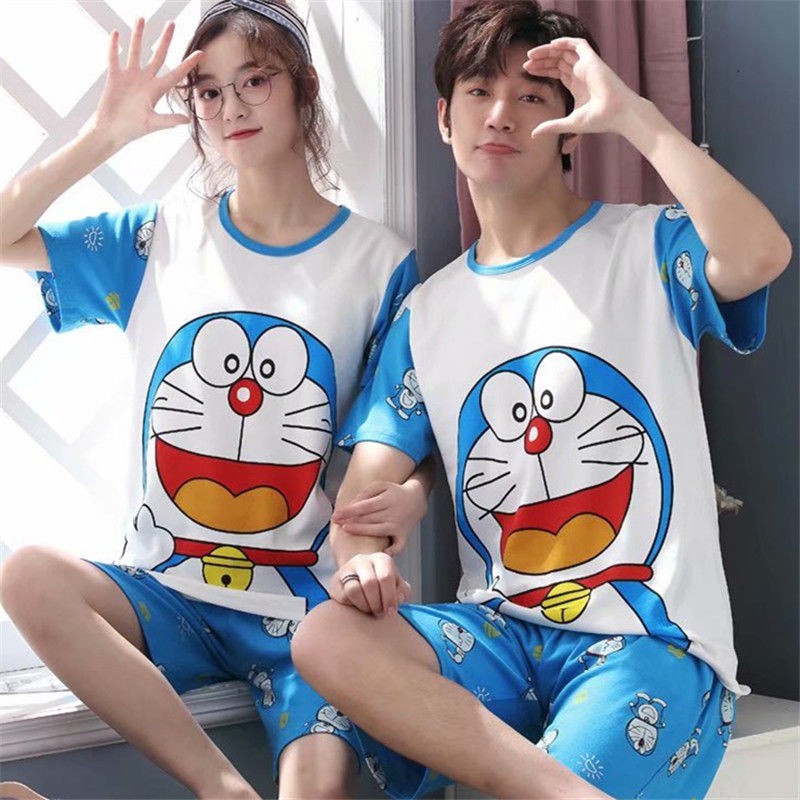 Bộ Đồ Ngủ Vải Cotton In Hoạt Hình Mèo Máy Doraemon Thời Trang Mùa Hè Cho Các Cặp Đôi