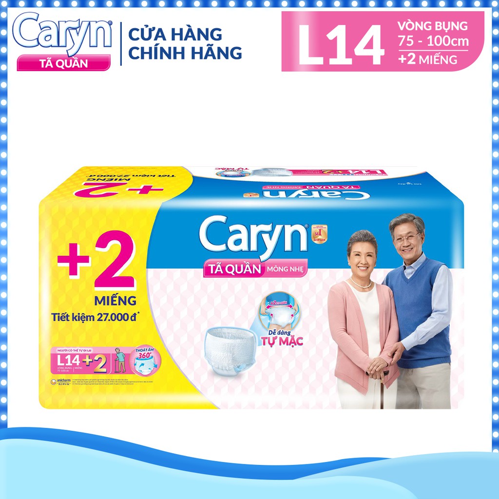 [Tặng 2 miếng thêm] Tã Bỉm Quần Người Lớn Caryn Mỏng Nhẹ Chống Tràn Size L-14 Miếng Dành Cho Người Già Có Thể Tự Đi Lại