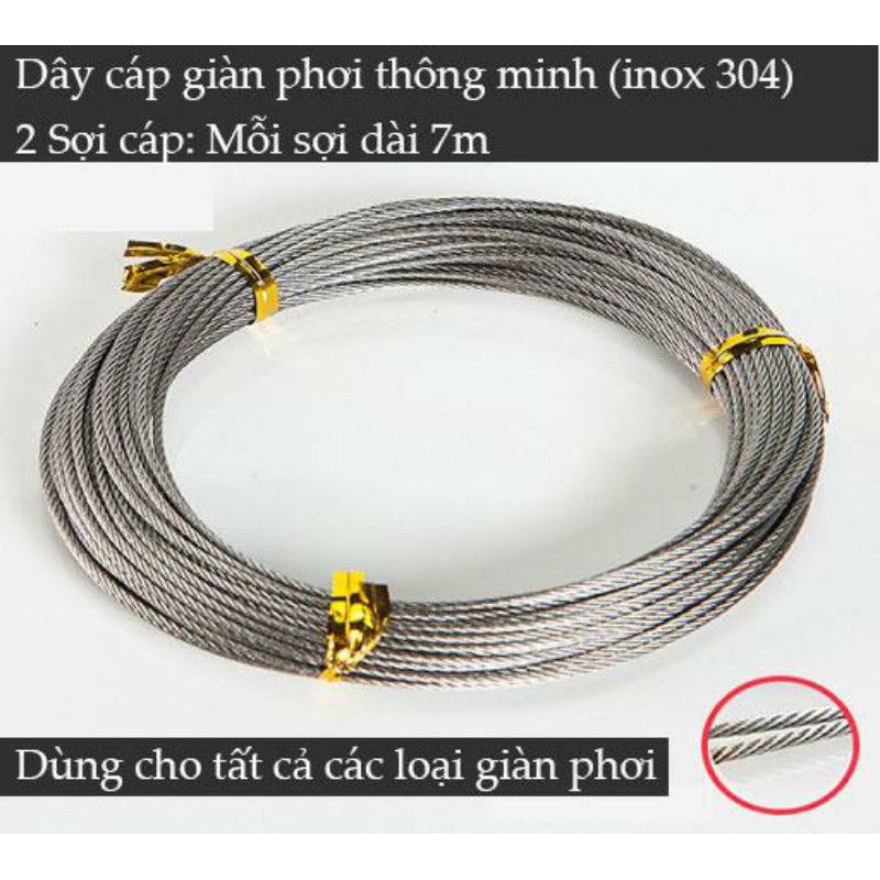 Dây cáp giàn phơi thông minh INOX 304: 2 sợi x 7m, INOX Không bị rỉ sét