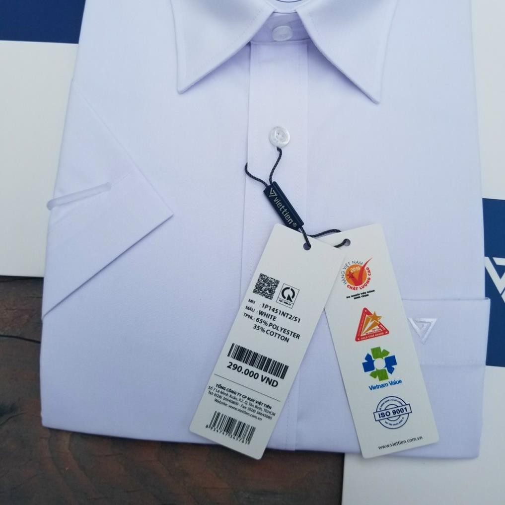 Aó sơ mi nam công sở Việt Tiến màu trắng ngắn tay vải kate chính hãng , cao cấp  - form suông REGULAR - tà bầu  ྇