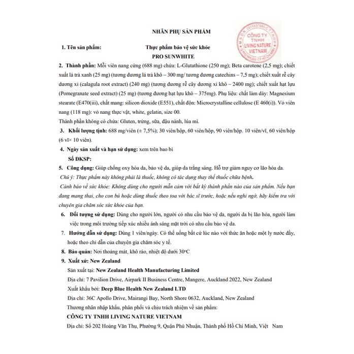 Viên uống chống nắng, trắng da Pro SunWhite Deep Blue Health 60 viên