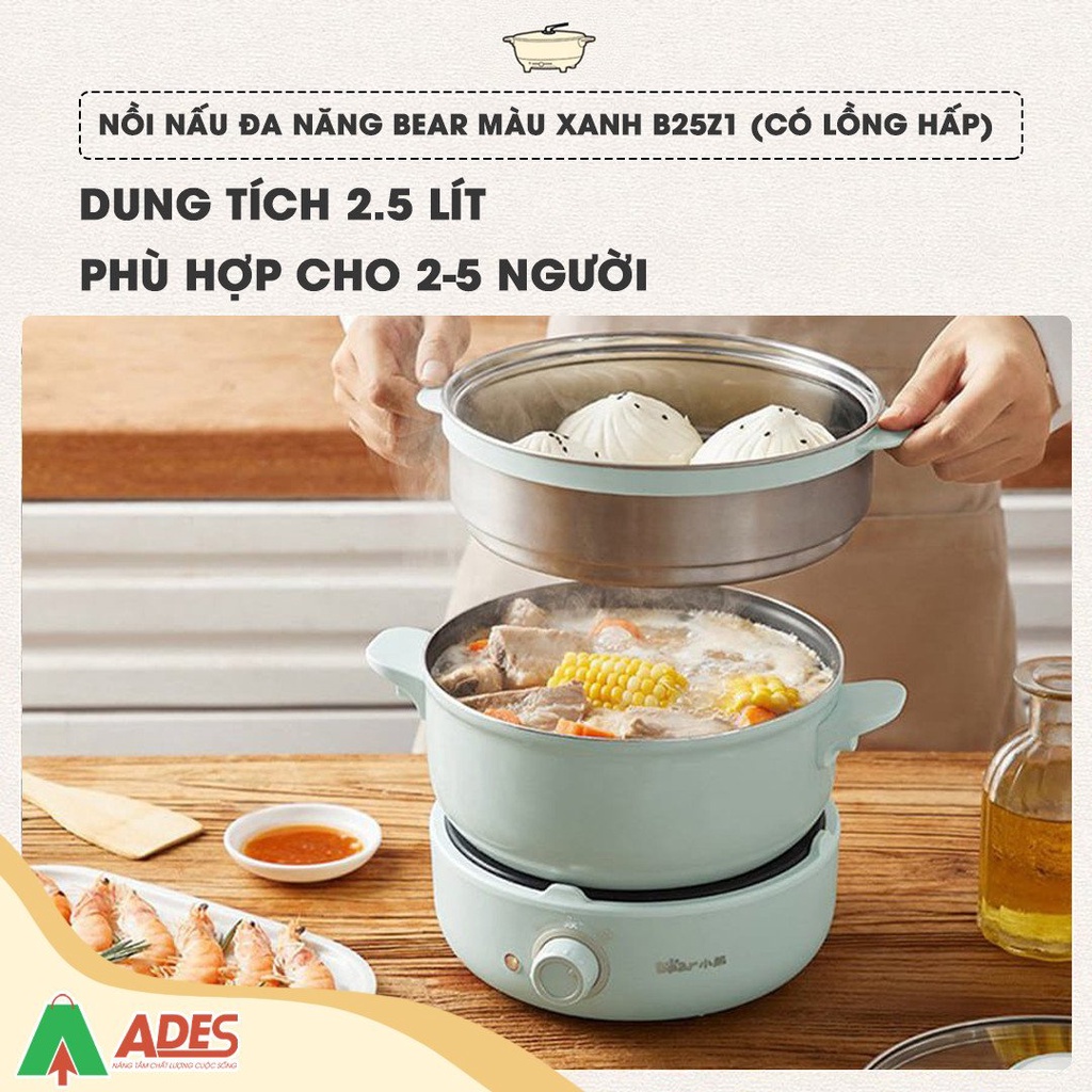 Nồi nấu đa năng Bear màu xanh B25V1 (có lồng hấp)