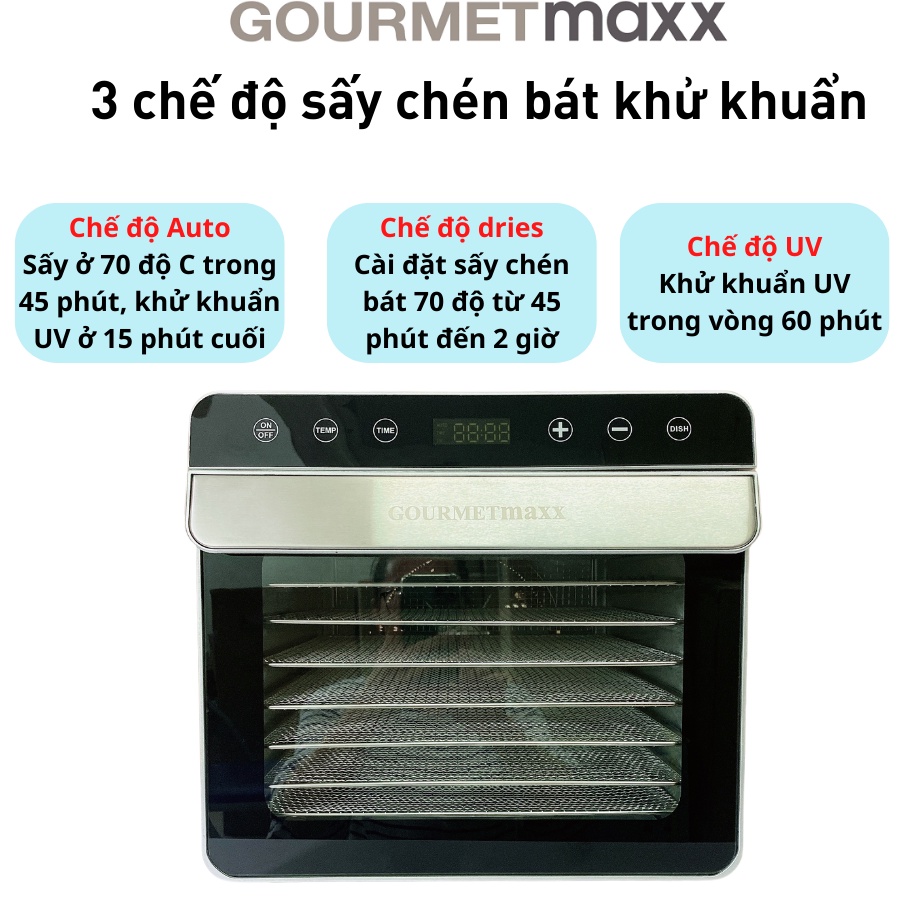 Máy sấy thực phẩm GOURMETMAXX 8 khay - Đèn UV diệt khuẩn - Máy sấy chén bát GOURMETMAXX
