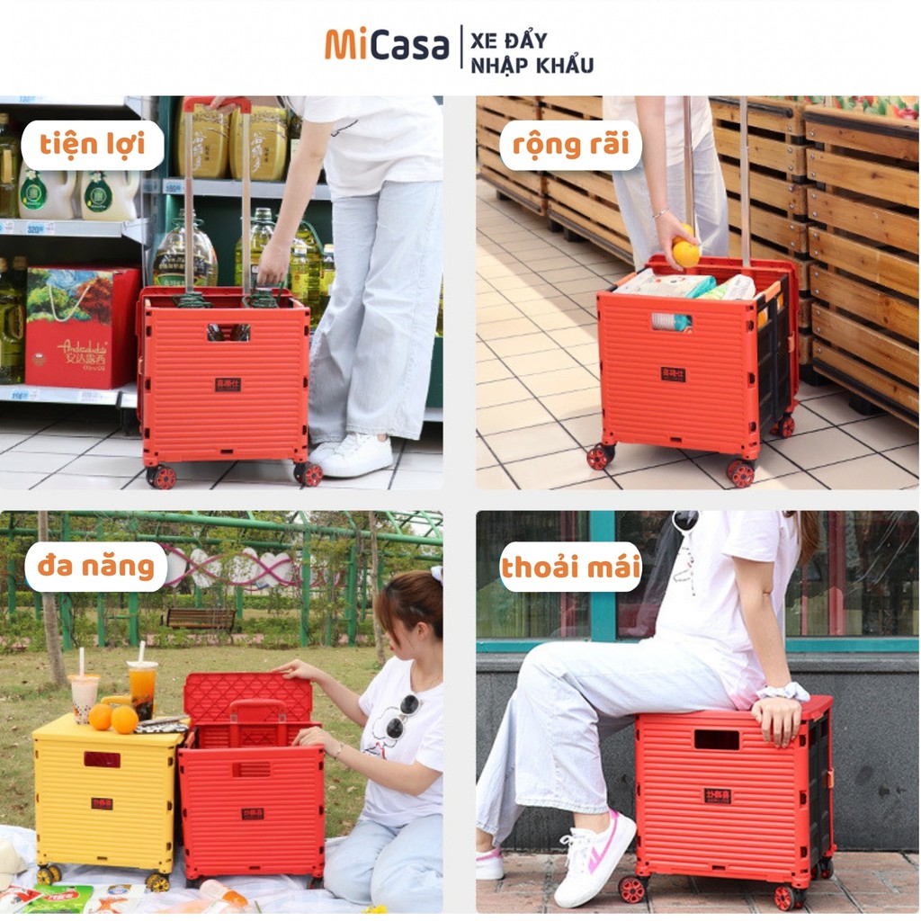 Xe kéo- Thùng đựng đồ gấp gọn hình vali đa năng dùng trên ô tô, đi siêu thị sức chứa lớn 45l-65l Tiện Lợi